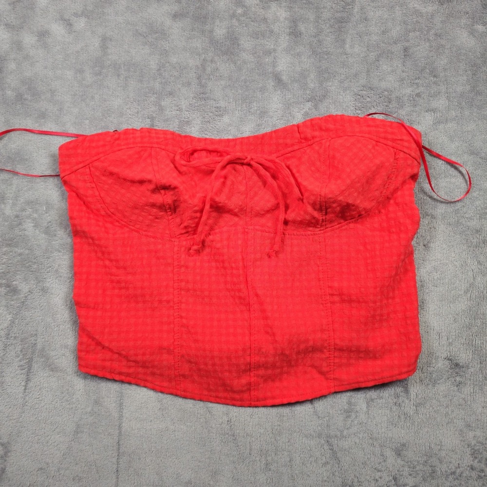 Kirious Los Angeles Womens Red Strapless Cropped Top Seersucker Smocked Back NWT